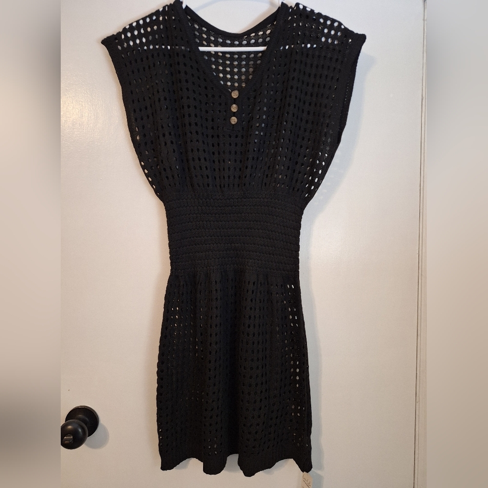 Cupshe Black Crochet Midi Dress with Smocked Waist and Button Detail